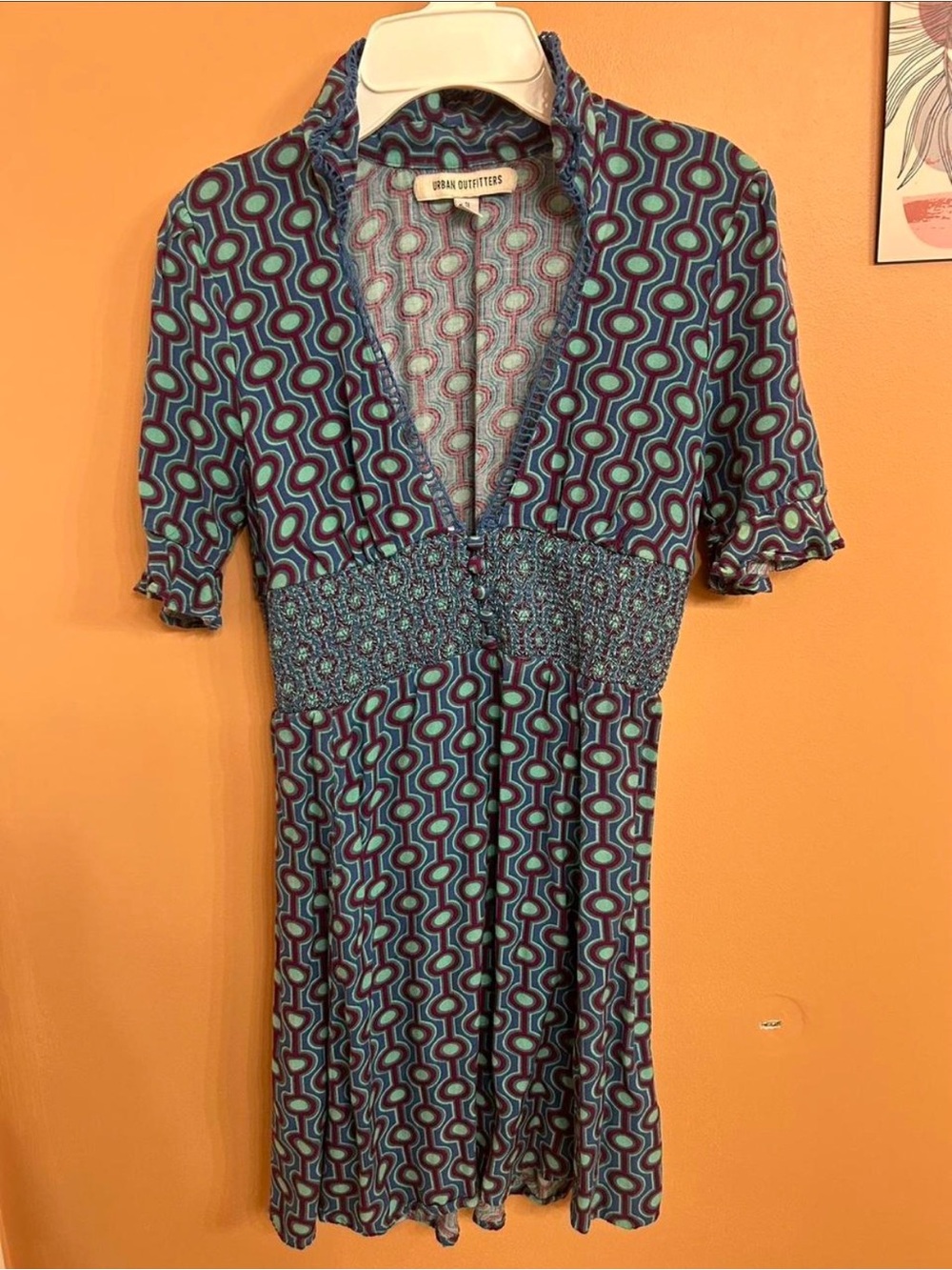 Urban Outfitters Teal and Navy Geometric V-Neck Smocked-Waist Mini Dress